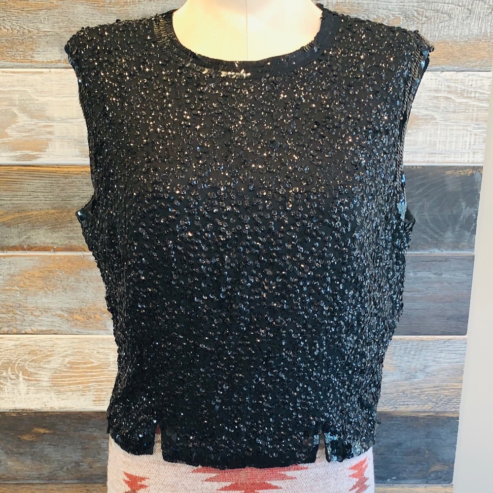 Vtg 50s midriff crop black sequence top
